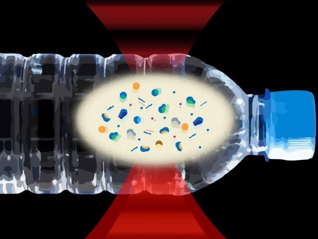 Depiction of nanoplastics in a bottle of water. Credit: Naixin Qian