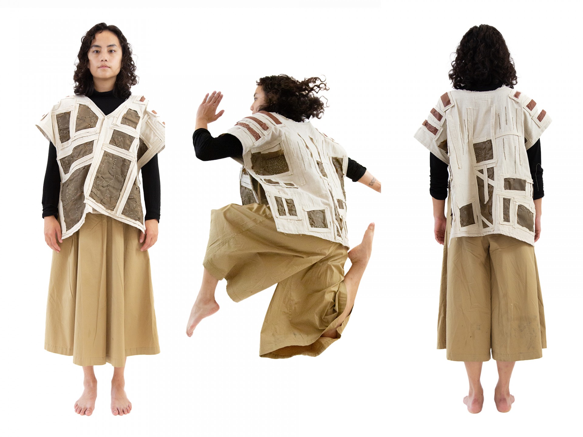 Kimono made with bioearth fabric, seen from multiple angles and in motion. Credit: Natural Materials Lab