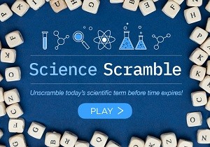 Letters on wooden blocks and science-related icons with text Science Scramble: Unscramble today's scientific terms before time expires!