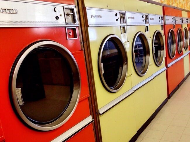 Row of colorful washing machines